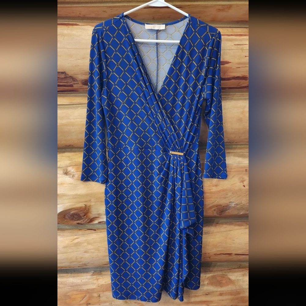 Michael Kors Blue and Gold Chain 3/4 Sleeve Dress